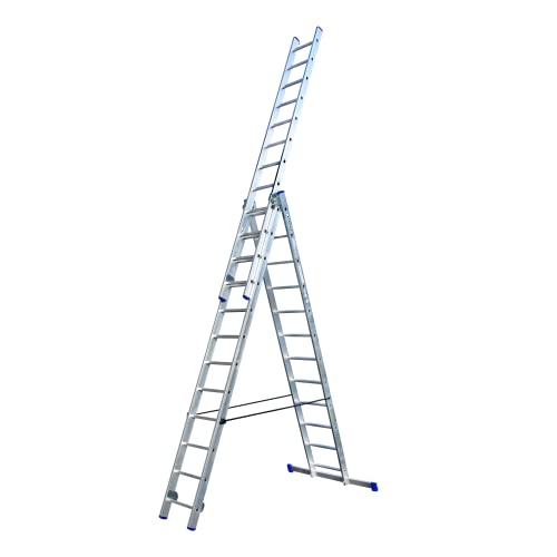 Alumexx Schiebeleiter 3-Teilig - Stehleiter - Kombinationsleiter - Ausziehleiter - Alu Leiter - Multifunktions Leiter - Allzweckleiter - Doppelsprossenleiter (3 x 12 Stufen) von Alumexx