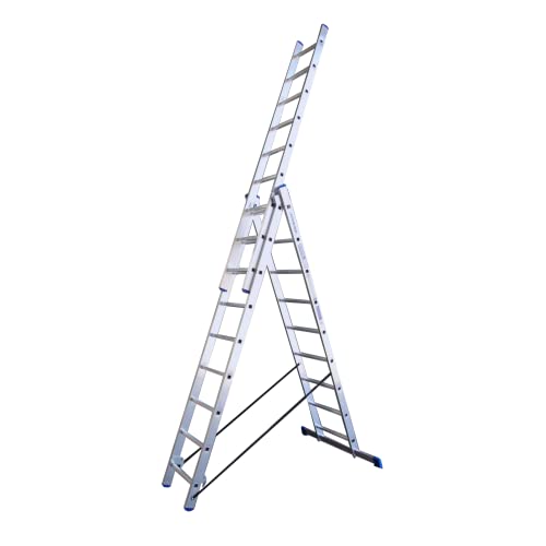 Alumexx Schiebeleiter 3-Teilig - Stehleiter - Kombinationsleiter - Ausziehleiter - Mehrzweckleiter - Alu Leiter - Doppelsprossenleiter (3 x 9 Stufen) von Alumexx