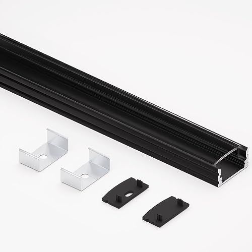 Alumino | Aluminiumprofil für LED-Streifen | 200 cm | 2m | Aufputzprofil | inkl. Abdeckung + Zubehör | für 12 mm LED-Streifen (Alu Profil SCHWARZ mit KLARER Abdeckung) | Elbe von Alumino