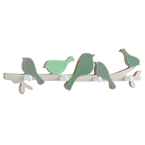 Alunsito Schlüsselhalter für die Wand Holzgarderobe Haken Vögel auf Ast Kleiderbügel Kindergarderobe Wandhaken mit 4 Kleiderbügeln für Haustür Küche Garage Büro Grün 18,8 x 4,7 x 0,4 Zoll von Alunsito