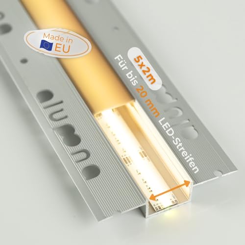 Alupona 5x Kizar20 LED Trockenbauprofil I 5 x 2 m I Langlebige Aluminium Profilleiste für LED Streifen bis 2 cm Breite I Perfekt für 12,5 mm Rigipsplatten I Trockenbauschiene + milchiger Abdeckung von Alupona