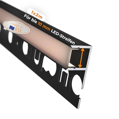 Alupona Mola LED Fliesenprofil I 1 x 2 m I Langlebige Aluminium Fliesen-Abschlussleiste für LED Streifen bis 1cm Breite I LED Trockenbauprofil in schwarz I Fliesenschiene + Acryl Abdeckung schwarz von Alupona