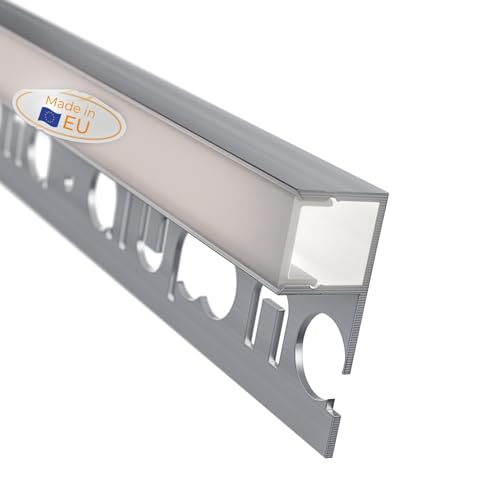 Alupona Mola LED Fliesenprofil I 3 x 2 m I Langlebige Aluminium Fliesen-Abschlussleiste für LED Streifen bis 1cm I LED Trockenbauprofil eloxiert I Fliesenschiene + Acryl Abdeckung opal + Endklappen von Alupona