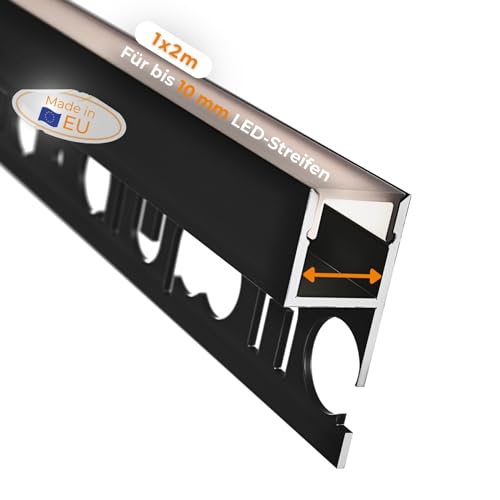 Alupona Mola-Up LED Fliesenprofil I 1 x 2 m I Langlebige Aluminium Fliesen-Abschlussleiste für LED Streifen bis 1cm Breite I LED Trockenbauprofil schwarz I Fliesenschiene + Acryl Abdeckung schwarz von Alupona