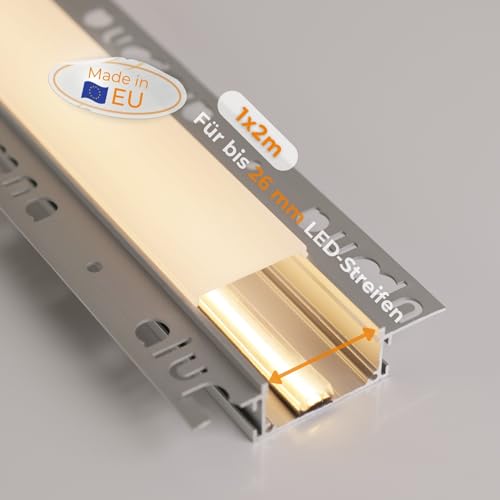 Alupona Kizar75 LED U-Trockenbauprofil eloxiert I 2 m x 4,1 cm x 1,85 cm I Profilleiste für LED Streifen bis 27 mm Breite I Perfekt für Rigipsplatten I Trockenbauschiene + Acryl Abdeckung milchig-weiß von Alupona