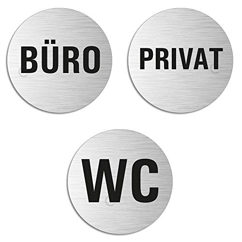 OFFORM DESIGN Türschild l Wortschild l Büroschilder 3er-Set l WC + Privat + Büro I Ø 75 mm l Aluminium Edelstahloptik I Sparversand I Nr. 6706-S von OFFORM DESIGN