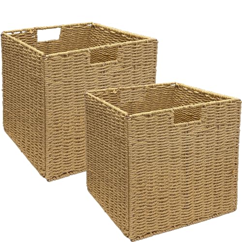 Aluusy Korb Aufbewahrung Geflochten 2er Set Handgewebte Faltbar Aufbewahrungskörbe mit Griffen, 28x28x28cm Groß Flechtkorb für Bad, Kallax Expedit-Regals, Küche, Schlafzimmer, Wohnzimmer (Holzfarbe) von Aluusy