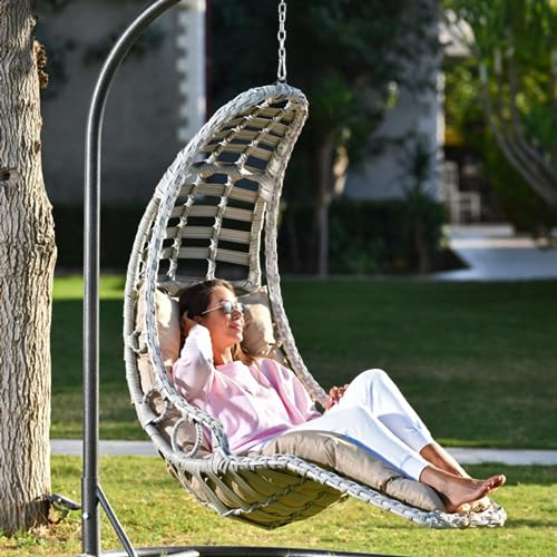 Alveon Hängesessel mit Gestell & Kissen Handgeflechtet Hängestuhl Rattan Hängematte Hängekorb Garten Balkonmöbel Hängeschaukel Bodrum (Weiß) von Alveon