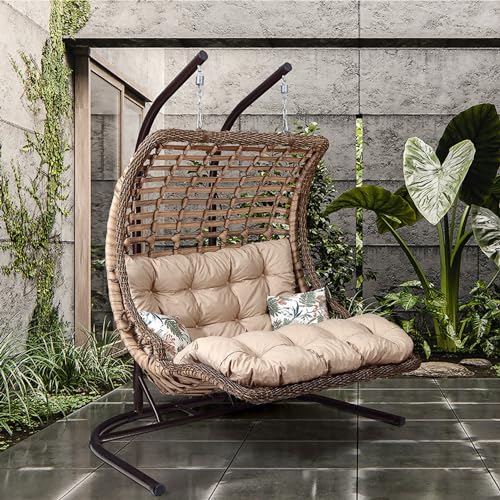 Alveon Hängesessel mit Gestell 2 Personen & Kissen Handgeflechtet Hängestuhl Rattan Hängematte Hängekorb Garten Balkonmöbel Hängeschaukel Bodrum Double (Hellbraun) von Alveon