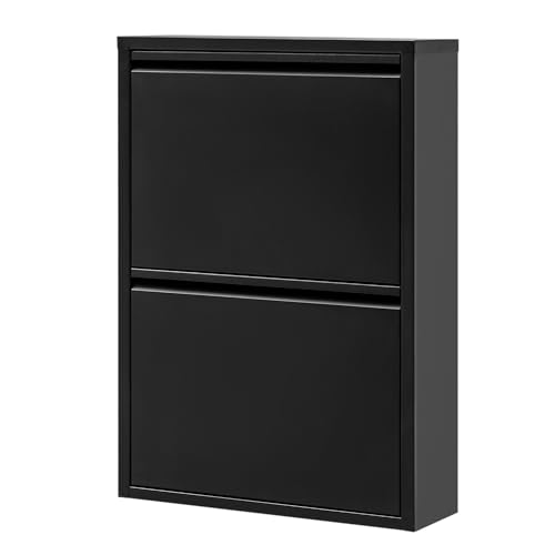 Alveon Schuhschrank Schmal Schuhregal Metall Schuhkipper mit Magnet Klappen Schuhablage Montiert und Wandmontage (Schwarz, 2 Klappen) von Alveon