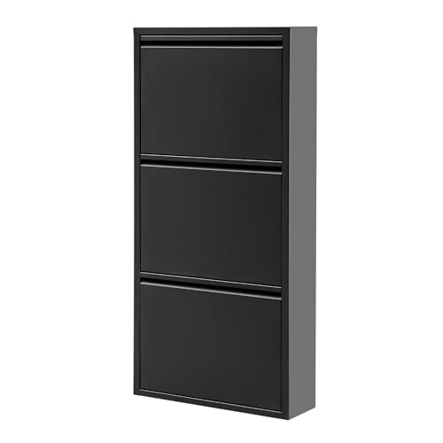 Alveon Schuhschrank Schmal Schuhregal Metall Schuhkipper mit Magnet Klappen Schuhablage Montiert und Wandmontage (Schwarz, 3 Klappen) von Alveon