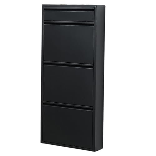 Alveon Schuhschrank Schmal Schuhregal Metall Schuhkipper mit Magnet Klappen Schuhablage Montiert und Wandmontage (Schwarz, 3 Plus Klappen) von Alveon