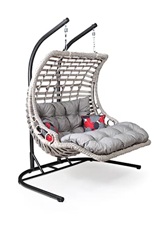 Alveon Hängesessel mit Gestell & Kissen Handgeflechtet Hängestuhl Rattan Hängematte Hängekorb Garten Balkonmöbel Hängeschaukel Bodrum Double(Weiß) von Alveon