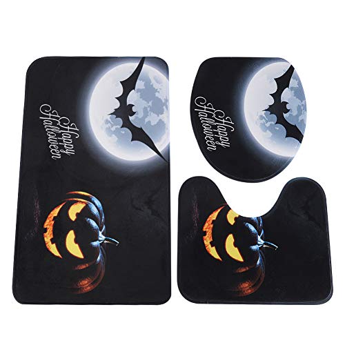 Alvinlite Halloween Kürbis Fledermaus Badteppich Matte Set Kürbis Bad Fußmatte Fledermaus Toilettensitzbezug U-förmige Toilette Bodenmatte von Alvinlite