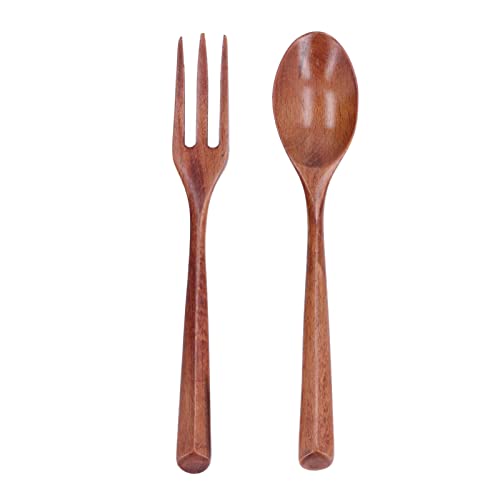 Alvinlite Salatbesteck Holz Löffel Gabel, 2-teiliges Natürlich Hölzern Löffel Gabel Set, Schöpflöffel und Gabel, Lange Griff japanisch Stil Besteck Set, Holzbesteck Salatgabel Salatlöffel von Alvinlite