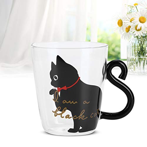 Alvinlite Glas Tasse mit Schwarzer 300ml Katze Süße Tasse mit Henkel, Latte Macchiato Gläs Borosilikatglas Kaffeetasse, Kawaii Katze Geschenke für Frauen von Alvinlite