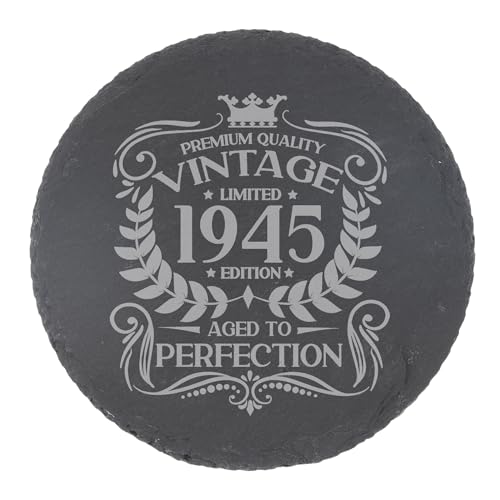 80. Geburtstag Geschenk für Männer Vintage 1945 Aged to Perfection Graviert Schieferuntersetzer Geschenk für 80 Jahre alt geätztes Naturschiefer Tischset (runder Schiefer) von Always Looking Good