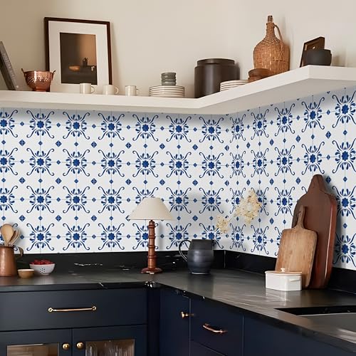 Alwayspon Fliesenaufkleber, weißes und blaues Porzellan, selbstklebend, zum Aufkleben auf Bodenfliesen, für Badezimmer, Küche, Spritzschutz, abziehen und aufkleben, Vinyl-Bodenfliesen-Aufkleber, 12 von Alwayspon