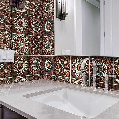 Alwayspon Mandala-Vinyl-Wandfliesen-Aufkleber, wasserdicht, selbstklebende Rückseite, Fliesenaufkleber für Küche, Badezimmer, selbstklebend, abziehen und aufkleben, PVC, zum Aufkleben, Braun, T57, 12 von Alwayspon