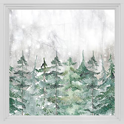 Alwayspon Statische Fensterfolie Privatsphäre, Doppelseitiger Fensteraufkleber, Anti-UV-Glasfolie für Weihnachtsdekoration, Winter Schneebedeckter Wald Grenze T061 von Alwayspon