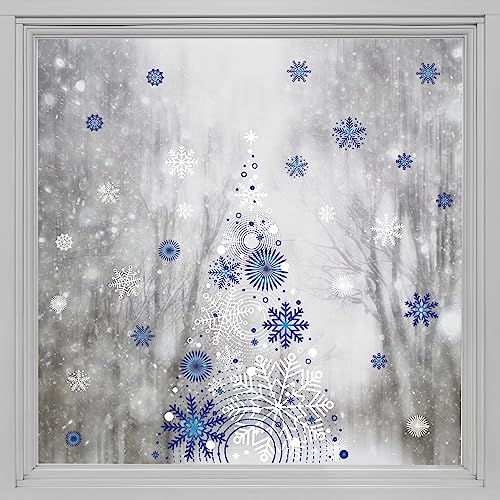 Alwayspon Statische Fensterfolie für Weihnachten, Privatsphäre, doppelseitig, Schneeflocken-Fensteraufkleber, Anti-UV-Glasfolie für Weihnachtsdekoration, blau-weißer Weihnachtsbaum T024 von Alwayspon