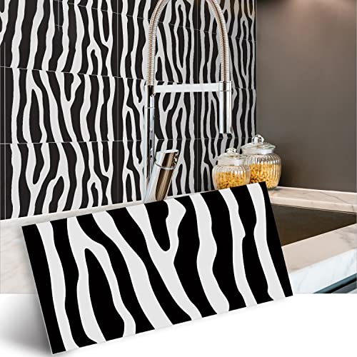 Alwayspon Vinyl-Bodenfliesenaufkleber, rutschfeste selbstklebende Rückseite, Fliesenaufkleber für Küche, Badezimmer, selbstklebend, abziehen und aufkleben,PVC DIY weiß-schwarzes Zebra, 30x15cmx24pcs von Alwayspon