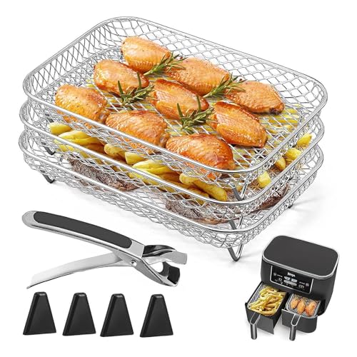 Korbtablett für Heißluftfritteuse – Zubehörset für Heißluftfritteuse | Rechteckiger Grillrost für Heißluftfritteusen aus Edelstahl | Stapelbar mit Silikonfüßen und Clip, Zubehör für Heißluftfritteusen von Alwida