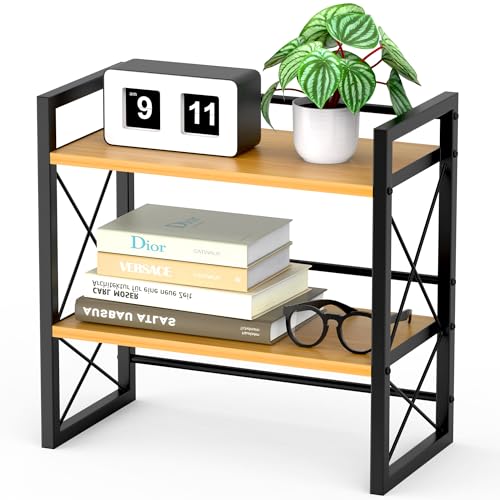 Alyoen Schreibtisch Regal, 2 Etagen Kleines Regal Desk Shelf aus Holz und Metall, Bücherregal Schreibtisch Organizer für Wohnzimmer, Schlafzimmer, Küche und Büro von Alyoen