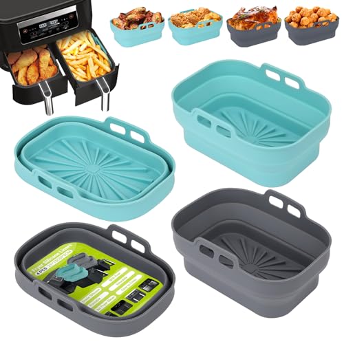 Alyvisun 4 Stück Airfryer Silikon Basket Wiederverwendbar Backform Air Fryer Silikonformen Rechteckig Einsatz Heissluftfritteuse Zubehör Mold, Silicone, Blau+Grau von Alyvisun