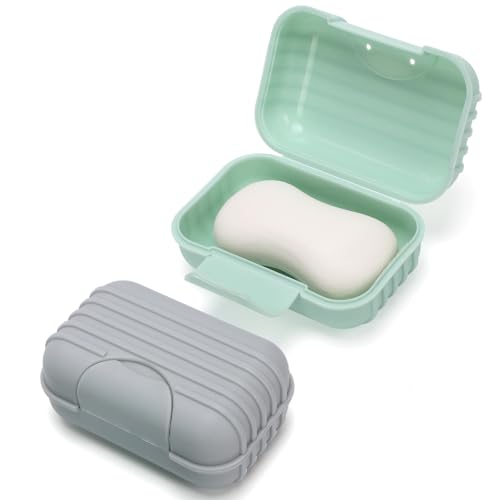 Alyvisun 2 Stück Seifendose Reise mit Deckel, Tragbare Seifenschale, Seifenbox mit Erhöhtem Boden, Wasserdichter Auslaufsicherer Seifenbehälter für Dusche, Reise und draußen (Grün & Grau) von Alyvisun