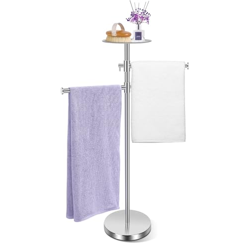 Alyvisun Badezimmer Handtuchhalter Stehend, Handtuchständer Freistehend mit Tablett und 2 Ausziehbaren Armen [Höhenverstellbar und 360° Drehbar], Badetuchhalter Ständer aus Edelstahl von Alyvisun