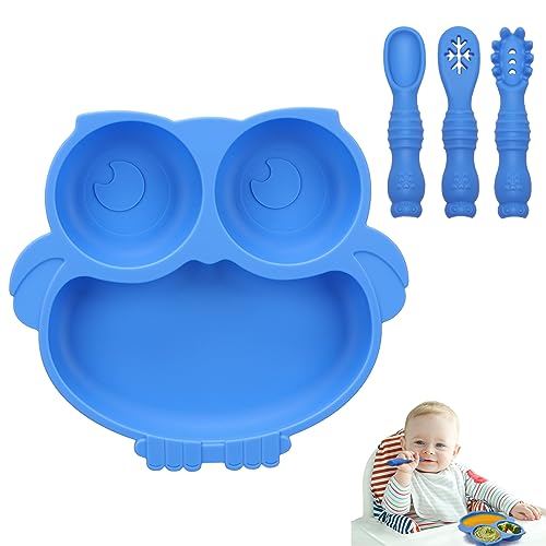 Alyvisun Eule Kinderteller Unterteilt mit Saugnapf, Silikon Baby Teller mit 3 Löffel Gabel Rutschfest Geteilte Kindergeschirr Set BPA Frei Babyteller Silikonteller für Kleinkind Kinder (Blau) von Alyvisun