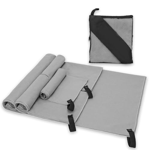 Alyvisun Groß Mikrofaser Handtuch 4 Stück, Kompakt & Ultraleicht Reisehandtuch Schnelltrocknend Gym & Fitness Handtuch in 3 Größen für Yoga, Sauna, Strand & Camping - Grau von Alyvisun