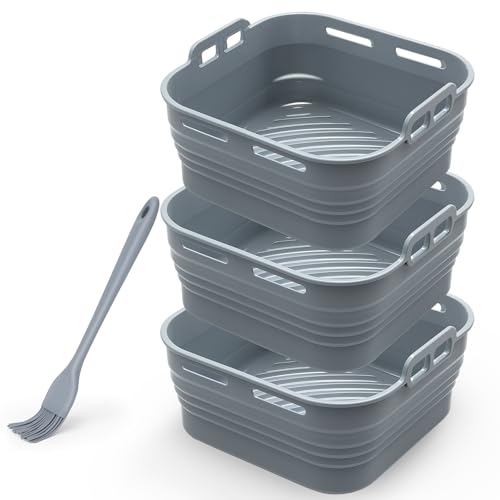 Alyvisun Silikonform für Heißluftfritteuse mit Öl Pinsel, 3 Stück Airfryer Silikonformen Wiederverwendbar Silikon Backform Zubehör Auflaufform Einsatz Mold für Air Fryer, Mikrowelle, Ofen(Grau) von Alyvisun