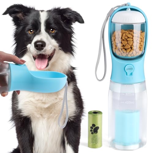 Alyvisun Hunde-Wasserflasche mit Futterbehälter & Kotbeutel | 600 ml tragbarer Welpenwasserspender für Spaziergänge | Outdoor-Trinkbecher für Haustierwandern, Reisen von Alyvisun