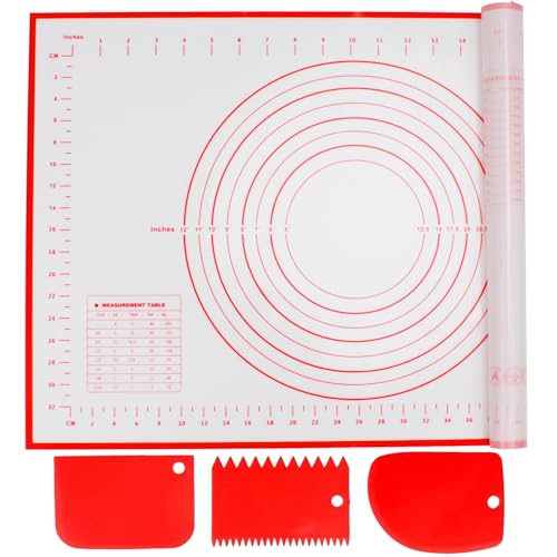 Alyvisun Silikon Backmatte mit 3 Teigschaber, 60x40 cm Backzubehör Antihafte Backunterlage mit Messung Rutschfeste Silikonmatte Wiederverwendbar Backblech für Fondant, Pizza, Teig (Rot) von Alyvisun