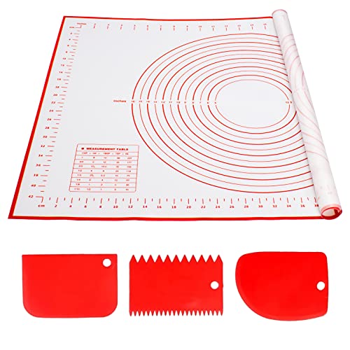 Alyvisun Silikon Backmatte mit 3 Teigschaber, 70x50 cm Backzubehör Antihafte Backunterlage mit Messung Rutschfeste Silikonmatte Wiederverwendbar Backblech für Fondant, Pizza, Teig (Rot) von Alyvisun