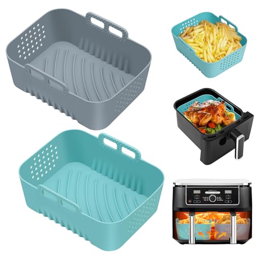 Alyvisun Silikonform Heißluftfritteuse, 2er-Pack Wiederverwendbare Airfryer Silikonform für 7,5L, 9L und 9,5L Körbe, Antihaftbeschichtetes Kochzubehör (Grau + Blau) von Alyvisun