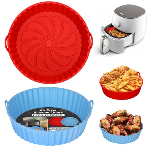 Alyvisun Silikonform für Heißluftfritteuse, 2 Stück Air Fryer Silikonmatte Wiederverwendbar Silikon Backform Pot Zubehör Runde Einsätze Liner für Airfryer, Mikrowelle, Ofen, Silicone, Rot+Himmelblau von Alyvisun