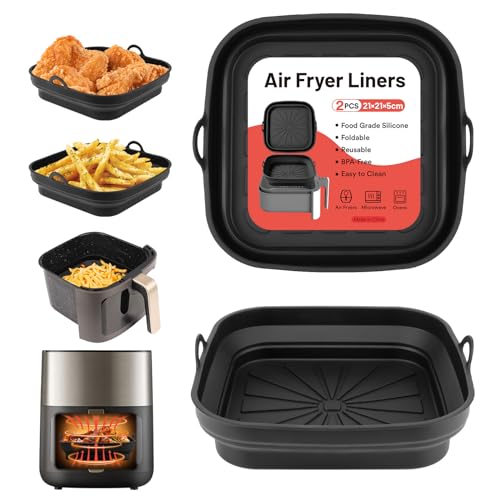 Alyvisun Silikonform für Heißluftfritteuse Wiederverwendbar Silikoneinsatz Zubehör Quadratisch Silikonmatte Pot Liner für Air Fryer, Mikrowelle, Ofen, Silicone, Schwarz+Schwarz von Alyvisun