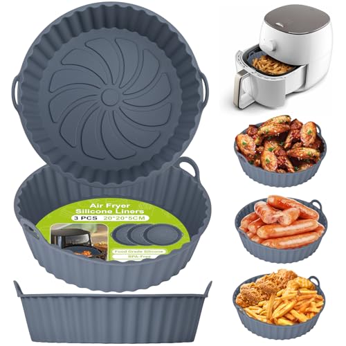 Alyvisun Silikonform für Heißluftfritteuse, 3 Stück Air Fryer Silikonmatte Wiederverwendbar Silikon Backform Pot Zubehör Runde Einsätze Liner für Airfryer, Mikrowelle, Ofen, Silicone, Grau von Alyvisun