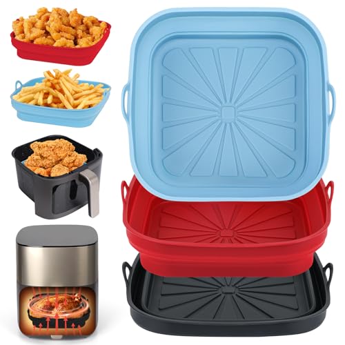 Alyvisun Silikonform für Heißluftfritteuse, 3 Stück Airfryer Silikon Backform Wiederverwendbar Silikoneinsatz Quadratisch Silikonmatte Liners für Air Fryer, Mikrowelle, Ofen(Rot+Schwarz+Himmelblau) von Alyvisun