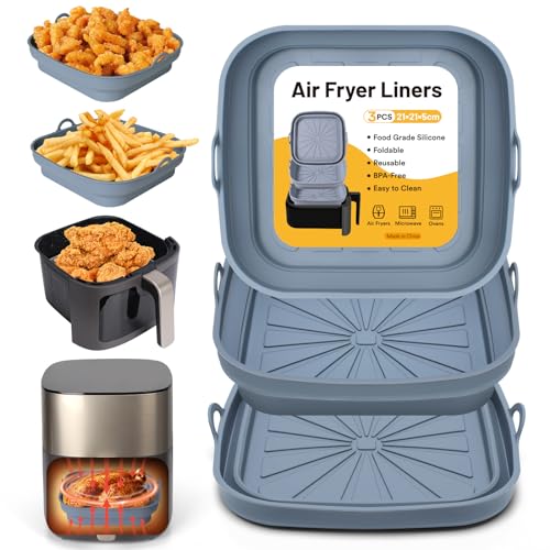 Alyvisun Silikonform für Heißluftfritteuse 3 Stück Airfryer Silikon Backform Wiederverwendbar Silikoneinsatz Quadratisch Silikonmatte Liners Zubehör für Air Fryer, Mikrowelle, Ofen, Silicone, Grau von Alyvisun