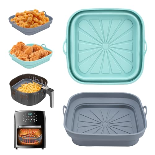 Alyvisun Silikonform für Heißluftfritteuse 2 Stück Airfryer Silikon Backform Wiederverwendbar Silikoneinsatz Zubehör Quadratisch Silikonmatte Pot Liner für Air Fryer, Mikrowelle, Ofen, Blau+Grau von Alyvisun