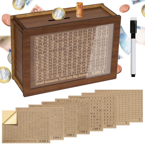 Alyvisun Spardose Holz mit Marker Aufklebern, Sparbüchse mit Zähler 5000€ Wiederverwendbare Geldkassette Holzspardose mit Sparziel zum Ankreuzen Sparbox Geldsparbox Cash Box €500-€10000 Ziel von Alyvisun