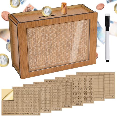 Alyvisun Spardose Holz mit Marker Aufklebern, Sparbüchse mit Zähler 5000€ Wiederverwendbare Geldkassette Holzspardose mit Sparziel zum Ankreuzen Sparbox Geldsparbox Cash Box €500-€10000 Ziel von Alyvisun