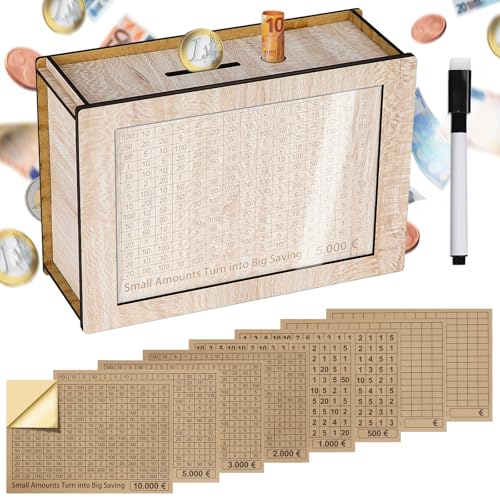 Alyvisun Spardose Holz mit Marker Aufklebern, Sparbüchse mit Zähler 5000€ Wiederverwendbare Geldkassette Holzspardose mit Sparziel zum Ankreuzen Sparbox Geldsparbox Cash Box €500-€10000 Ziel von Alyvisun