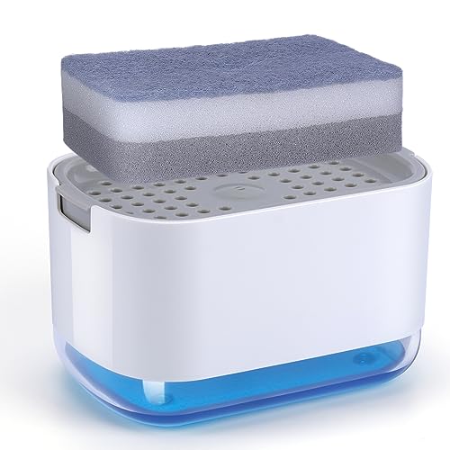 Alyvisun Spülmittelspender Küche Seifenspender mit Schwamm Halter, 2 in 1 Soap Dispenser 300ml Waschmittel Spender mit Schwamm Spender, Pumpseifenspender für Spülmittel Waschbecken von Alyvisun