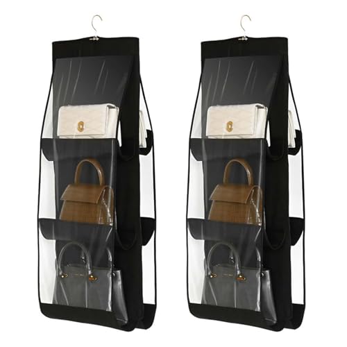 Handtasche Aufbewahrungstasche, 2 Stück Hängende Handtaschen Organizer, Faltbar, mit 6 Transparenten Fächern für Kleiderschränke, Garderoben und Schlafzimmer (Schwarz) von Alyxen