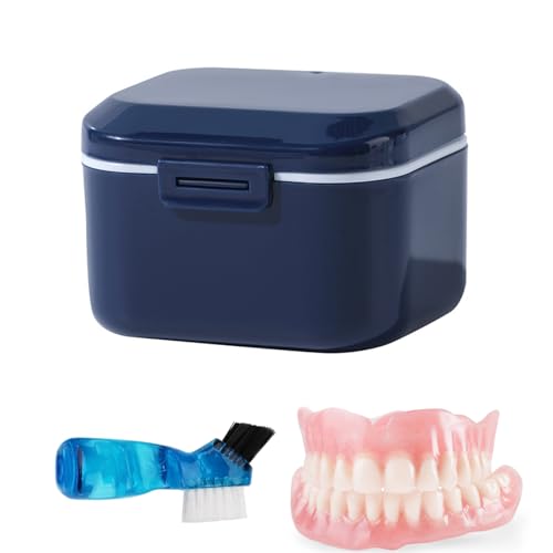 Prothesen Becher Box,Zahn Prothesen Aufbewahrungsbox mit Reinigungsbürsten ,Zahnprothesenbox mit Sieb,Auslaufsicher Prothese Box,Tragbare Gebissdose,für Falsche Zähne Lagerung Reinigung(Marineblau) von Alyxen